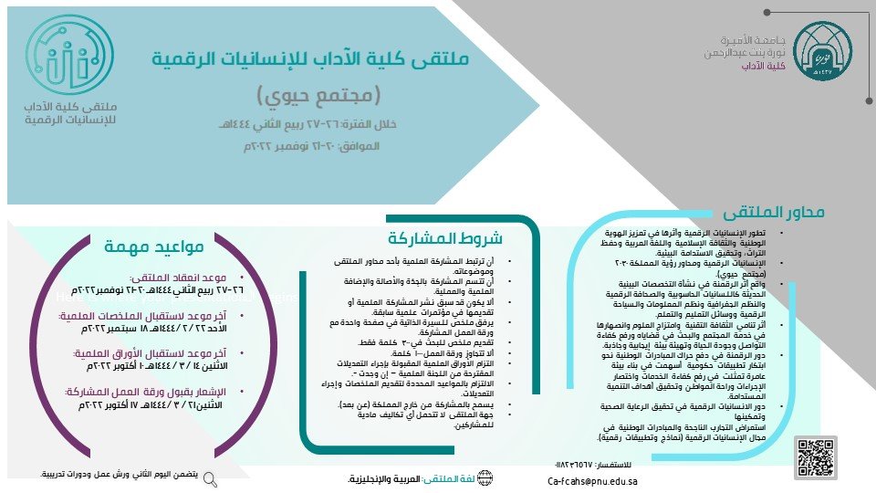 الإعلان عن ملتقى كلية الآداب للإنسانيات الرقمية بجامعة الأميرة نورة بنت عبدالرحمن